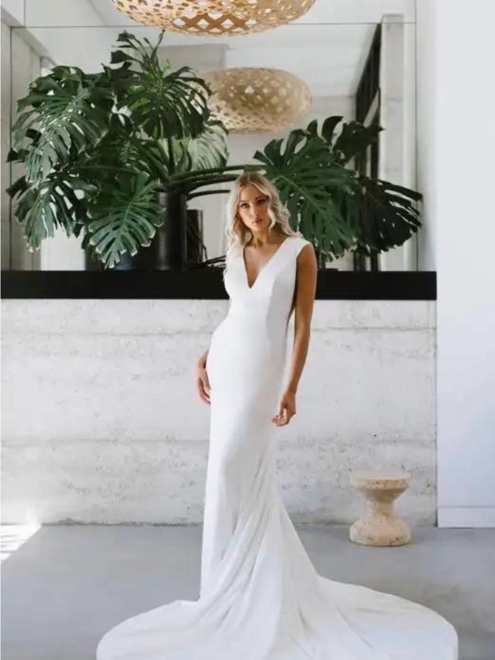 Martina Liana Ivory Satin V-Neck Bridal Gown with Long Train